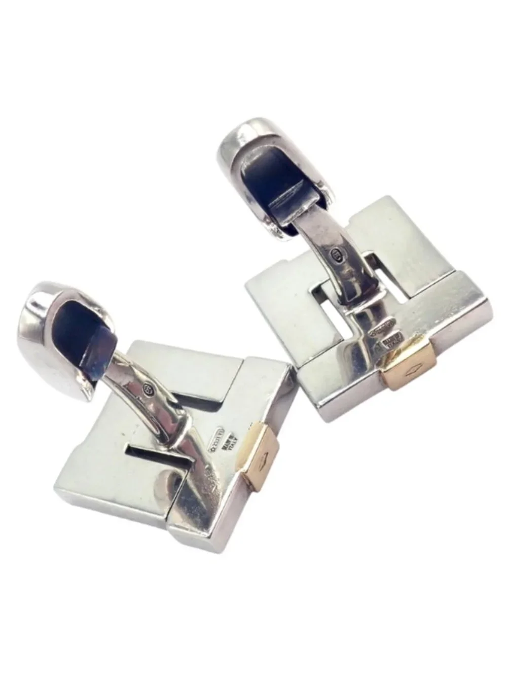 Authentic! Bulgari Bvlgari 18k Yellow Gold + Sterling Silver Square Cufflinks
